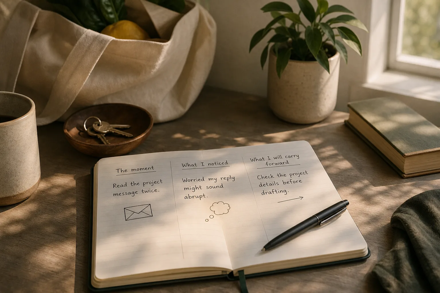 Open notebook with handwritten notes beside a pen on a wooden desk with sunlight and shadows