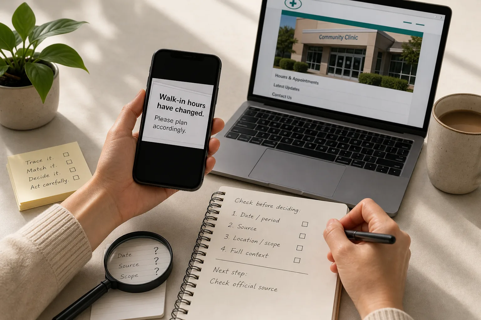 Person holding smartphone showing message about walk-in hours with laptop and notes about verifying information on a desk