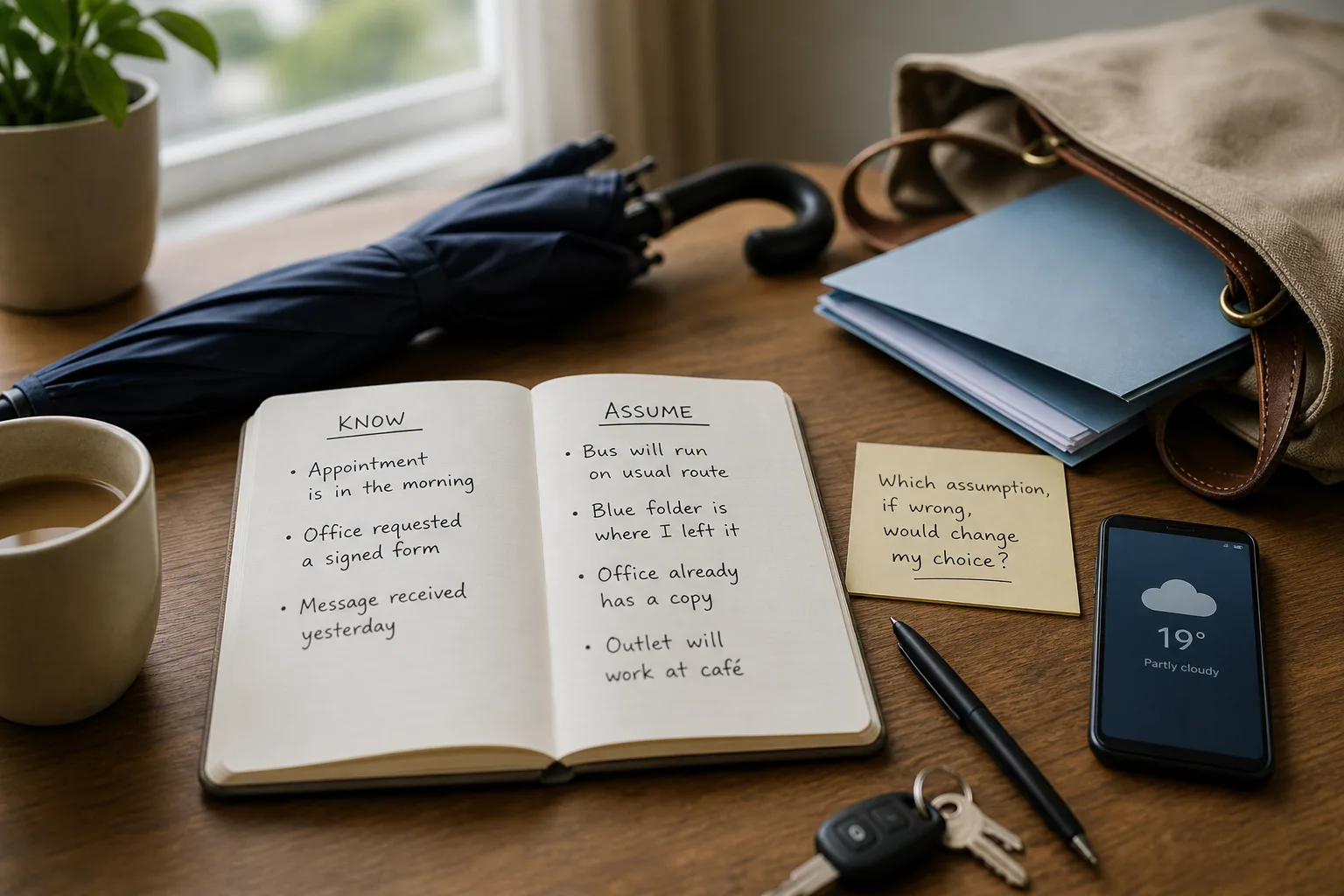 Notebook with handwritten lists on a wooden table surrounded by a black umbrella, coffee cup, beige bag with folders, phone, pen, and car keys