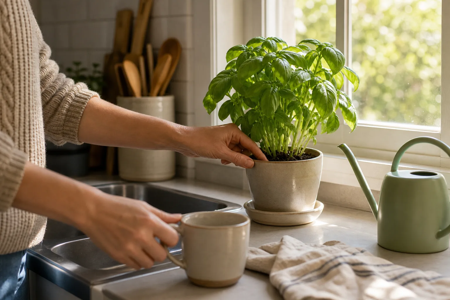 Person touching a potted herb plant on a kitchen counter near a window with sunlight