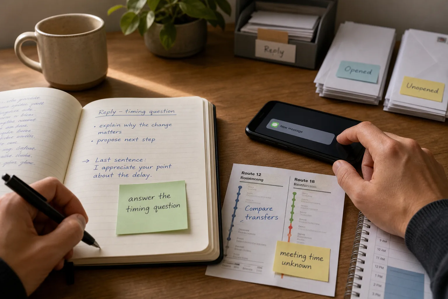 Person writing notes in a notebook with a smartphone showing a new message notification on a wood table